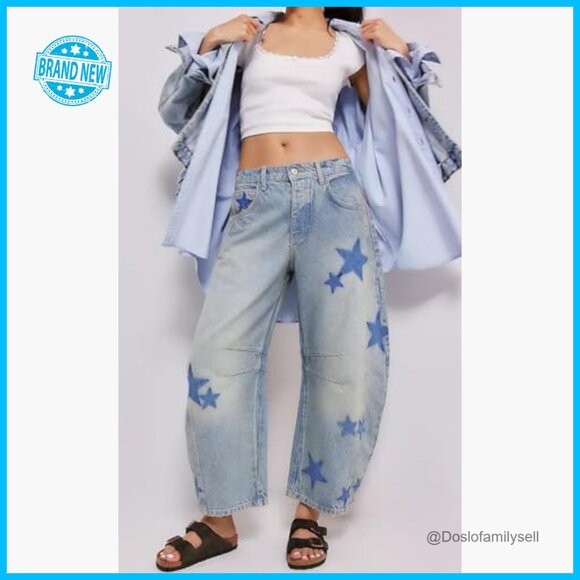 Y2K Barrel Jeans Wide Leg Distressed Boyfriend Denim Pants Retro Vintage Style - Picture 2 of 7